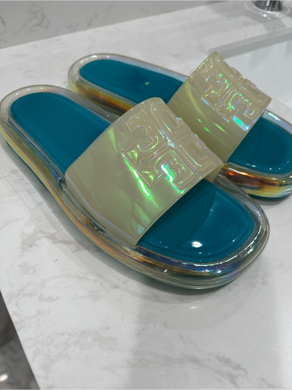 Clear Jelly Slide Sandals with Teal Footbed